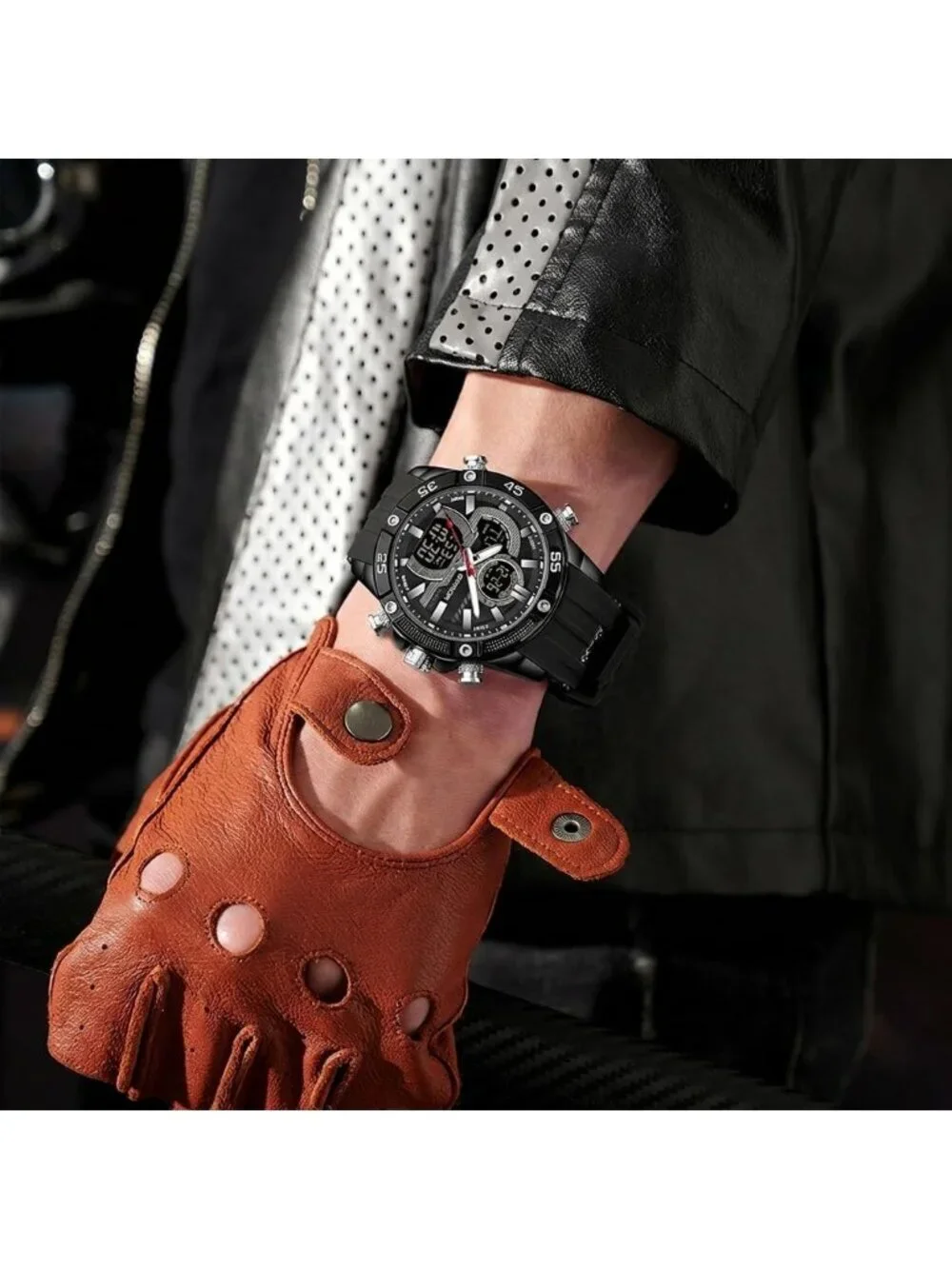 Men's Black Digital Analog 50M Silicone Band Chronograph Rugged Wrist Watch